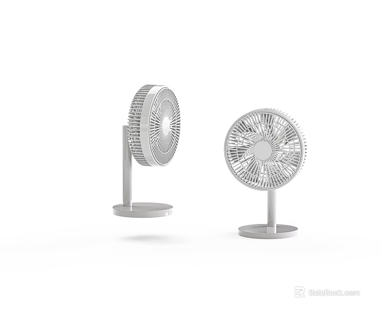 Two White Modern Air Conditioner Fans With Round Base And Grid Blades Design 3d model 