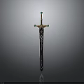 Ornate Fantasy Sword With Green Gemstone Accents Engraved Black Blade And Shiny Reflection