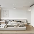Contemporary Bedroom With White Platform Bed Wooden Flooring Large Windows Curtains Wall Art And Projector