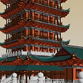 Traditional Chinese Multi story Pagoda Architectural Design With Green Roof And Surrounding Buildings
