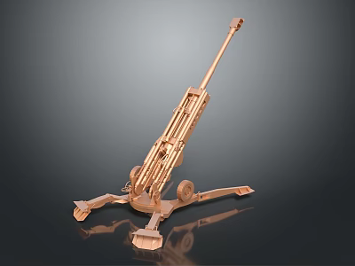 Detailed Metallic Artillery Weapon 3D Model With Long Barrel Tripod Base And Wheels 3d model