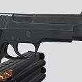 Black Tactical Pistol With Stacked Magazines And Bullets On Gray Background