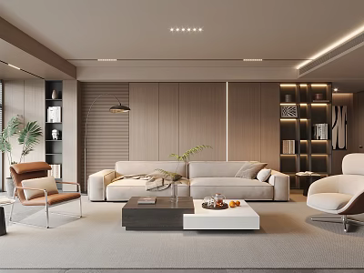 Elegant Modern Living Room With Beige Sofa Wooden Accent Wall Floor Lamp And Green Plant 3d model