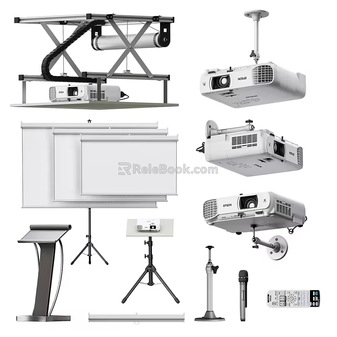 Projection Equipment Projector Screen Triangle Bracket Microphone Remote Control 3d model
