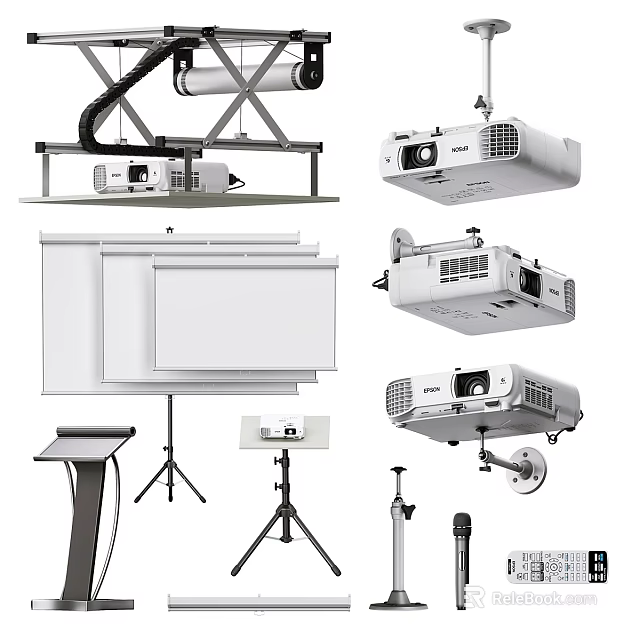 Projection Monitoring With Different Types of Projectors Screens And Stands 3d model 