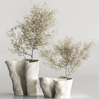 Decorative Textured Vases with Branches Bearing Small Yellow Flowers for Home Interior 3d model