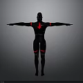 Full Body Black Humanoid Figure With Red Accent Lines Standing Arms Outstretched On Gray Background