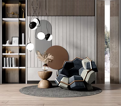 Modern Abstract-shaped Sofa in Gray Blue Tones with Wooden Wall Gray Rug and Hanging Lamps 3d model