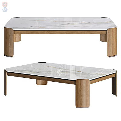 Contemporary Coffee Table With Sleek Marble Top And Wooden Legs Design 3d model