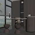 Modern Interior With Large Windows Blinds Mountain View Table Stools And Cabinet