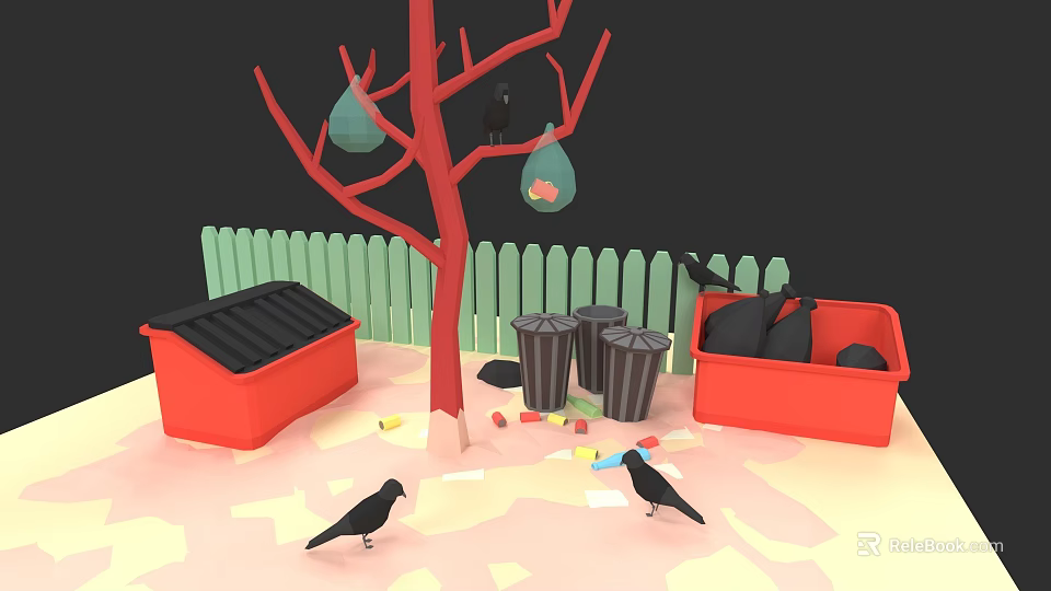 Black Crows Perching On Red Tree Branches With Hanging Bags Near Green Fence Trash Cans 3d model 