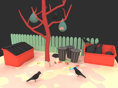 Black Crows Perching On Red Tree Branches With Hanging Bags Near Green Fence Trash Cans 3d model