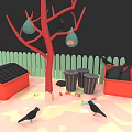 Black Crows Perching On Red Tree Branches With Hanging Bags Near Green Fence Trash Cans