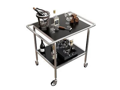 Modern Mobile Coffee Table with Wine Bottles Glasses Ice Bucket and Accessories 3d model