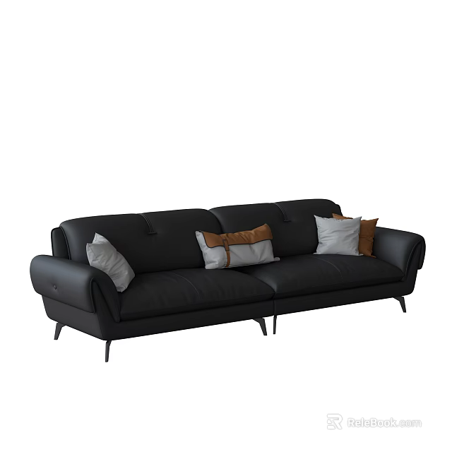 Modern Black Leather Multi-seater Sofa With White And Brown Throw Pillows 3d model