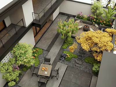 Courtyard Garden Design With Outdoor Dining Set Yellow Trees Green Shrubs And Stone Pathway 3d model