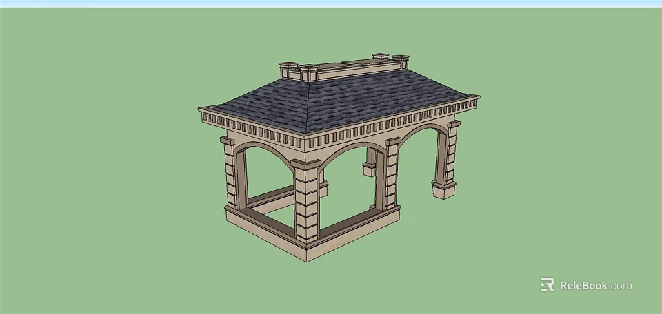 Detailed Outdoor Stone Pavilion With Arched Columns And Black Roof Structure 3d model 
