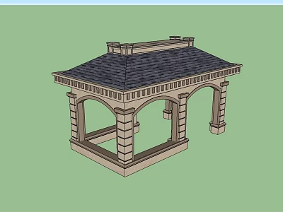 Detailed Outdoor Stone Pavilion With Arched Columns And Black Roof Structure 3d model