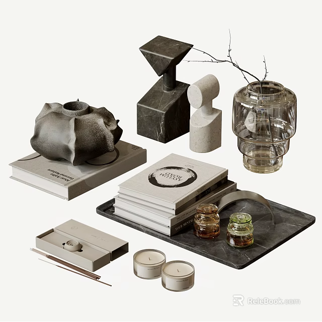 Modern Decorative Ornament Set with Books Glass Vase Twigs Tray and Candles 3d model 