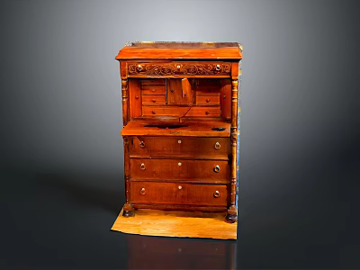 Classic Brown Wooden Cabinet With Intricate Carved Details And Multiple Drawers 3d model