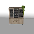 Rustic Wooden Bookcase With Glass Doors Drawers And Green Plant Decor