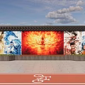 Scenic Wall with Colorful Murals Surrounded by Trees Blue Sky People Viewing Artworks on Pathway