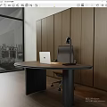 Modern Wooden Desk With Laptop Lamp And Ergonomic Chair By Large Window City View