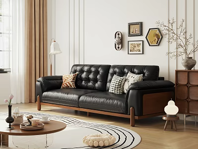 Black Leather Tufted Three Seater Sofa With Wooden Legs And Decorative Pillows In Living Room 3d model