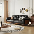 Black Leather Tufted Three Seater Sofa With Wooden Legs And Decorative Pillows In Living Room