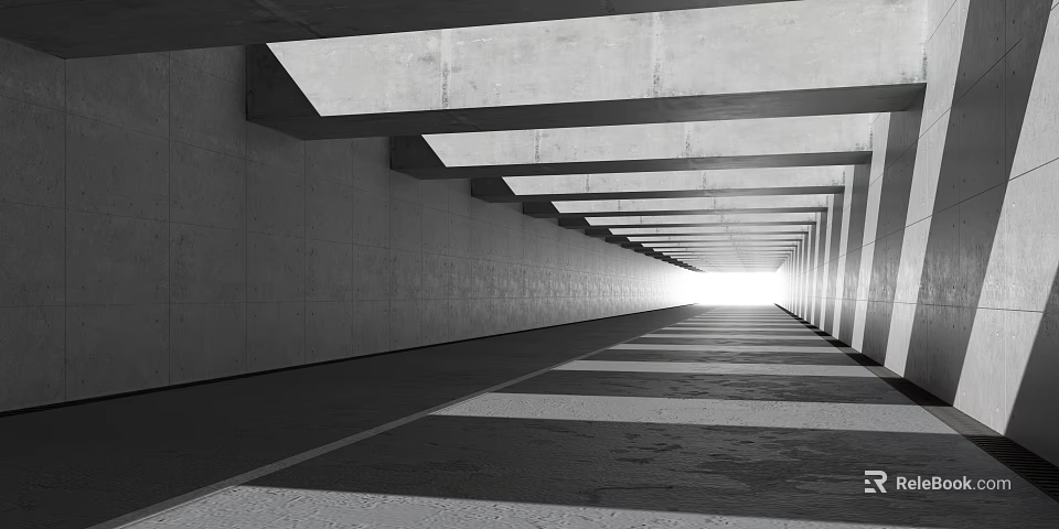 Modern Office Corridor Featuring Concrete Walls Exposed Ceiling Beams And End Light 3d model 