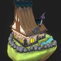 Cartoon Scene Of Floating Island With Quirky House Tilted Roof Watermill And Wooden Fence