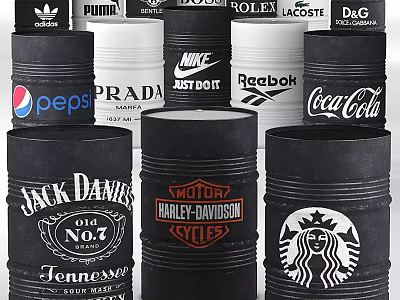 Industrial Metal Cans With Various Brand Logos For Commercial Product Packaging 3d model