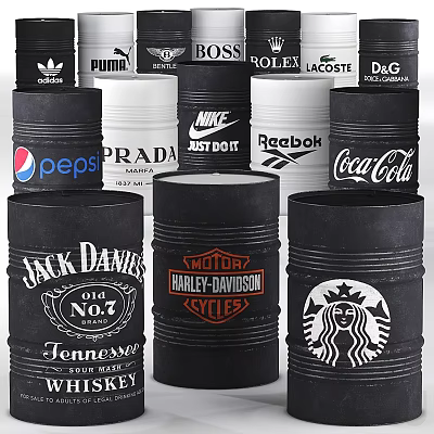 Industrial Metal Cans With Various Brand Logos For Commercial Product Packaging 3d model