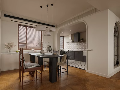 Elegant Dining Room Interior With Wooden Table Chairs Hanging Lights Window Blinds And Arched Doorway 3d model