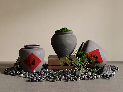 Traditional Ceramic Vessels With Red Wine Characters And Decorative Pebbles Green Plants 3d model
