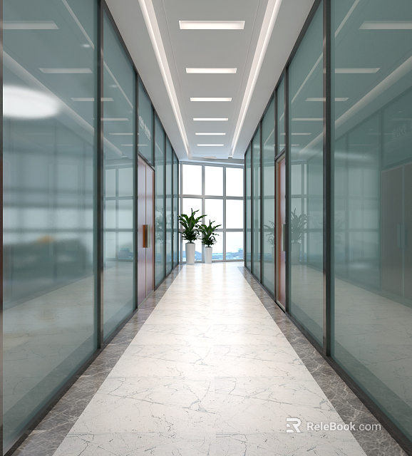Modern Office Corridor With Glass Partitions Ceiling Lights Marble Floor And Potted Plants 3d model 