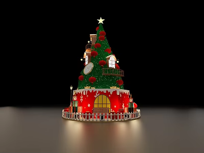 Christmas Tree Shaped Decoration With Red Base Green Top Star Windows And White Fence 3d model