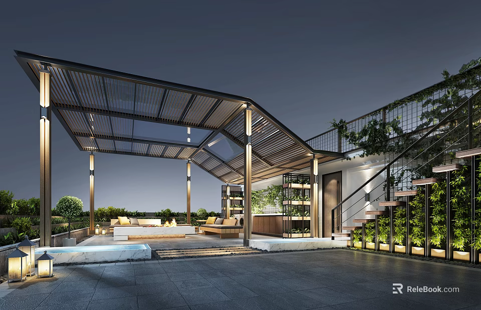 Modern Villa Balcony Design Featuring Glass Roof Stairs Green Plants And Outdoor Sofa 3d model 