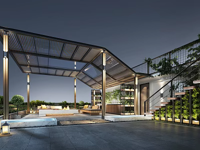 Modern Villa Balcony Design Featuring Glass Roof Stairs Green Plants And Outdoor Sofa 3d model