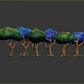 Colorful Trees with Pink Blue Orange Green Canopies and Brown Branched Trunks on Dark Background