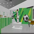Sports Display Cabinet with Soccer Balls Trophies and Uniform Mannequin in Green Themed Room