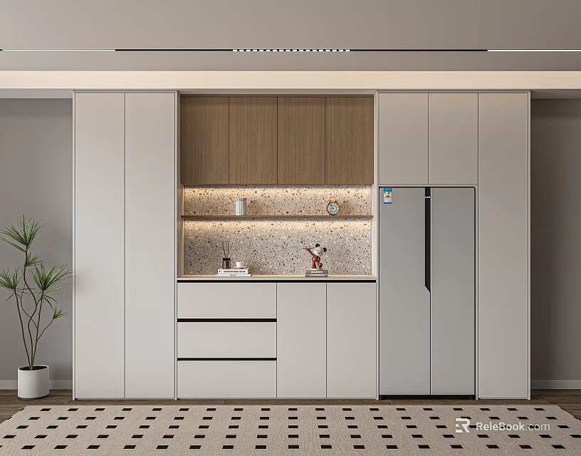 Modern Wine Cabinet Design With Wooden And White Finish And LED Lighting 3d model 