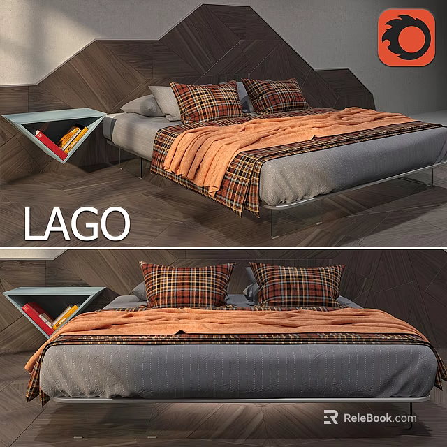 LAGO Bed Interior With Plaid Pillows Orange Blanket And Wooden Headboard Design 3d model 