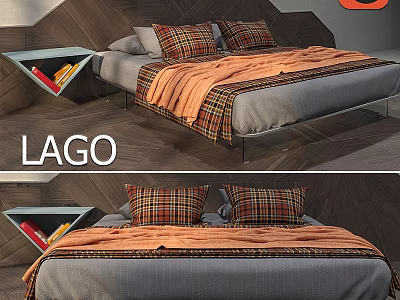 LAGO Bed Interior With Plaid Pillows Orange Blanket And Wooden Headboard Design 3d model
