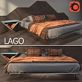 LAGO Bed Interior With Plaid Pillows Orange Blanket And Wooden Headboard Design