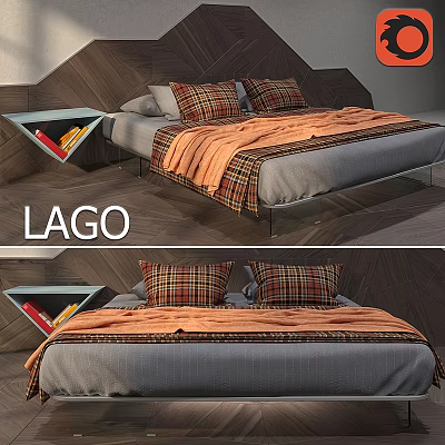 LAGO Bed Interior With Plaid Pillows Orange Blanket And Wooden Headboard Design 3d model
