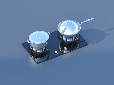 Black Stove Top With Two Shiny Covered Pots And Cooking Spatula 3d model