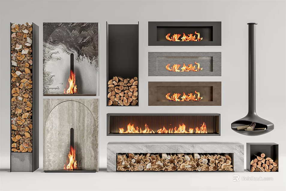 Modern Fireplace Designs With Burning Flames Marble Surfaces And Wood Logs 3d model 