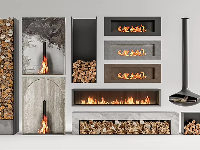 Modern Fireplace Designs With Burning Flames Marble Surfaces And Wood Logs 3d model