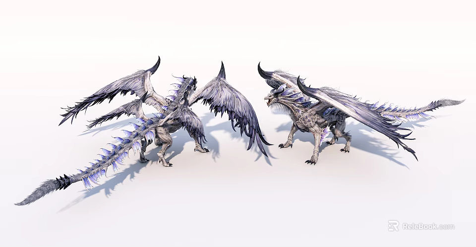 Game and Movie Character Two Dragon Creatures with Winged Bodies and Purple Accents 3d model 